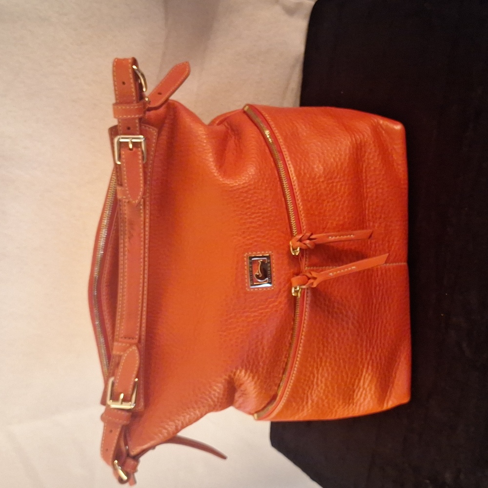 Dooney & Bourke Dillen Orange Pebbled Leather Shoulder Bag with Front Zip Pocket